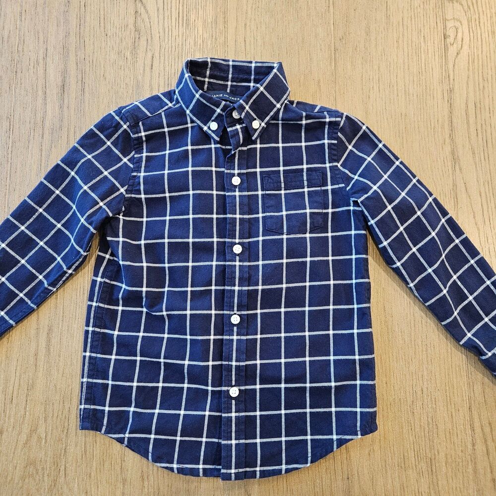 Janie and Jack Preppy Navy Blue Tartan Pattern Button Down Shirt Boy Size 3T